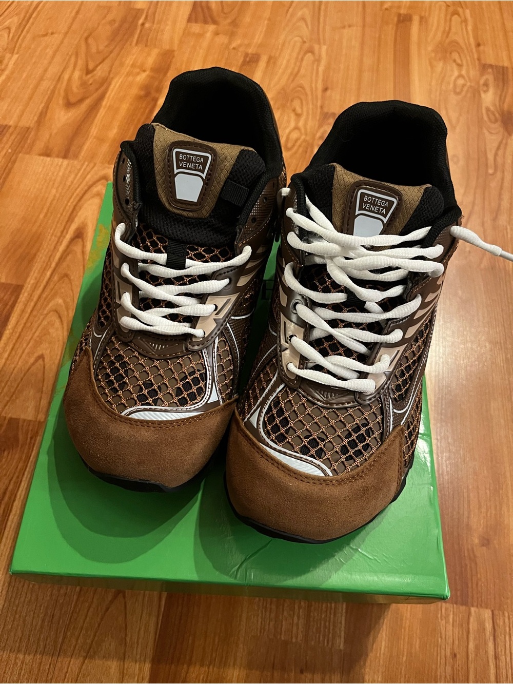 Bottega Veneta Brown & White Mesh Suede Runner Sneakers